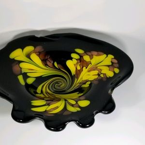 Art Glass Black Dish W/ Yellow Pattern